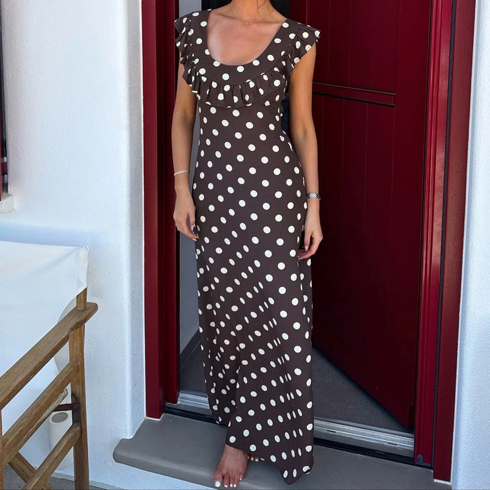 Zara Retro Polka Dot Bodycon Maxi Dress with Square Neck and Waist Cinching